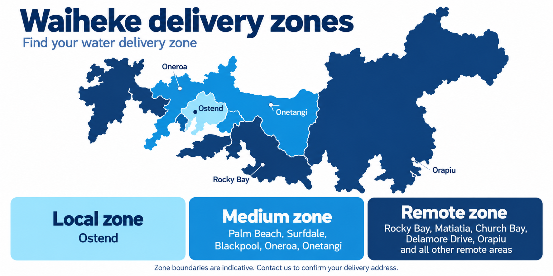 Map of Waiheke Island divided into local, medium and remote water delivery zones, with Ostend, Oneroa, Onetangi, Rocky Bay and Orapiu marked