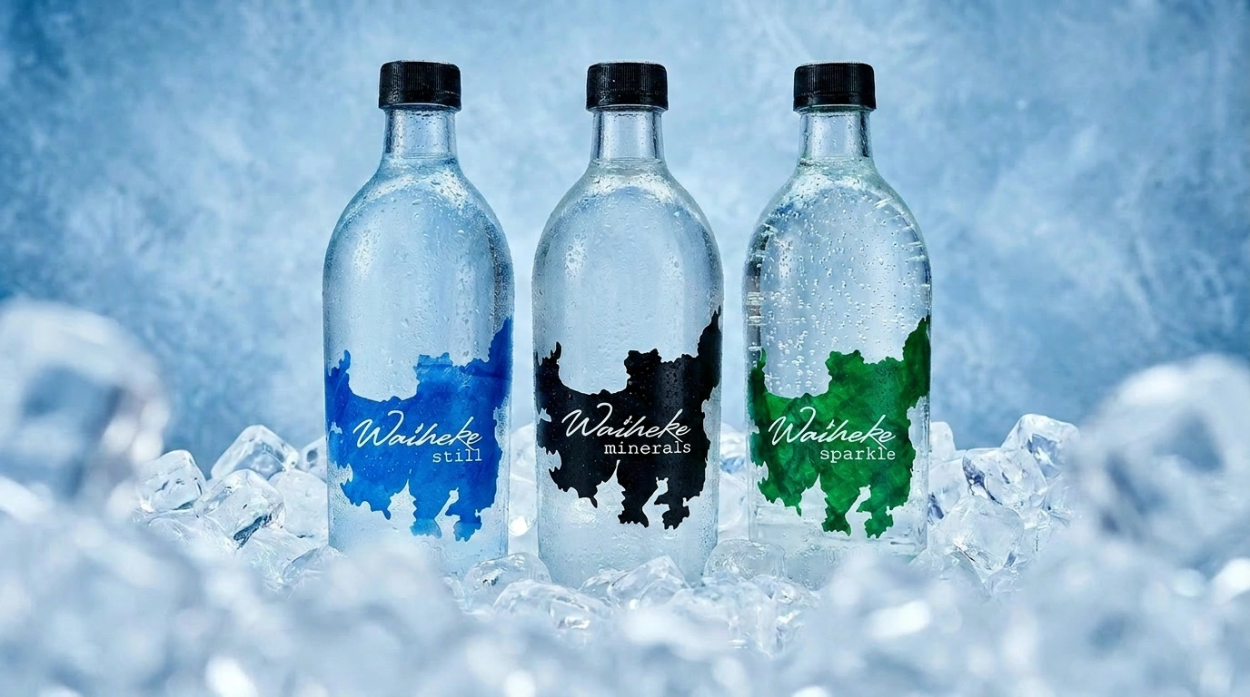 Waiheke Water glass bottles resting on ice