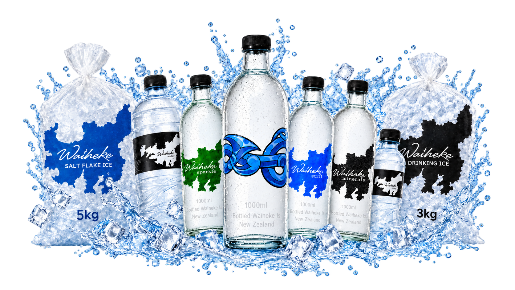 Waiheke Water bottles with drinking ice and salt flake ice in a water splash