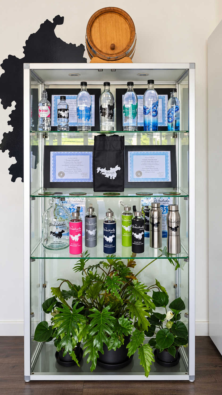 The Waiheke Water glass bottle range and reusable bottles in the shop display cabinet