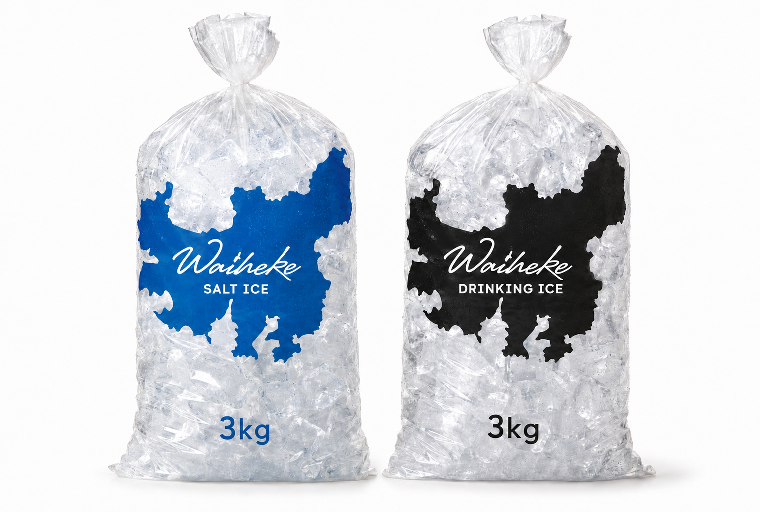 Waiheke Water drinking ice and salt ice bags